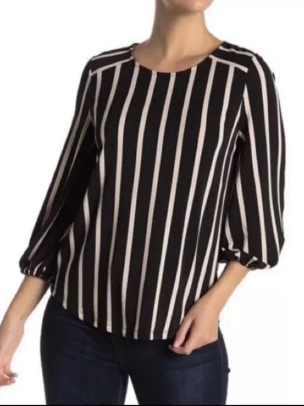 Adrianna Papell Black and White Striped Round-Neck Blouse